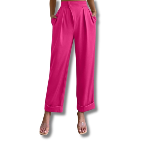 SHEIN Solid High Waist Straight Leg Pants Large (8-10) Hot Pink - Picture 1 of 8